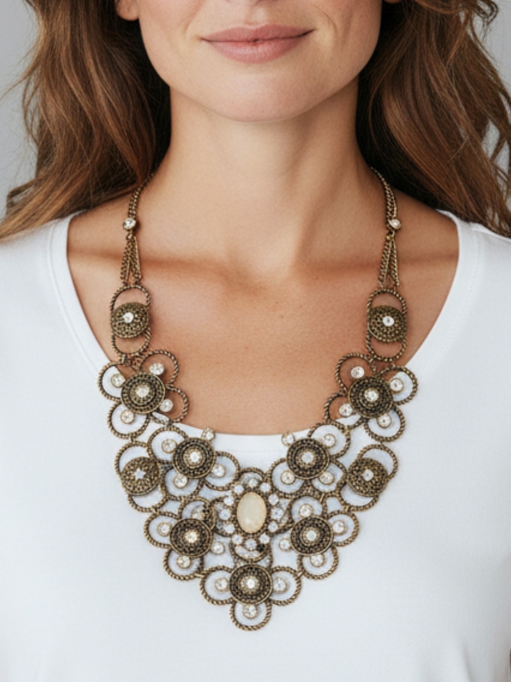 Antique Gold Filigree Statement Necklace with Ivory Cabochon